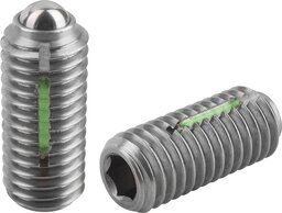 Federnde Druckstücke mit Innensechskant und Kugel, Edelstahl, mit Gewindesicherung