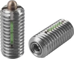 Federnde Druckstücke mit Innensechskant und Druckstift, Edelstahl, mit Gewindesicherung