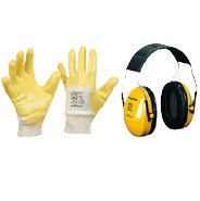 Luvas, proteção auditiva, respiradores, óculos de segurança e macacões