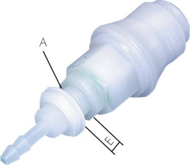 Soquetes de acoplamento, POM - PVDF com conexão de mangueira e rosca de antepara, NW 5