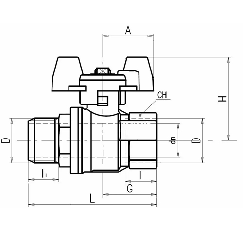 Válvula de esfera, borboleta, macho x fêmea