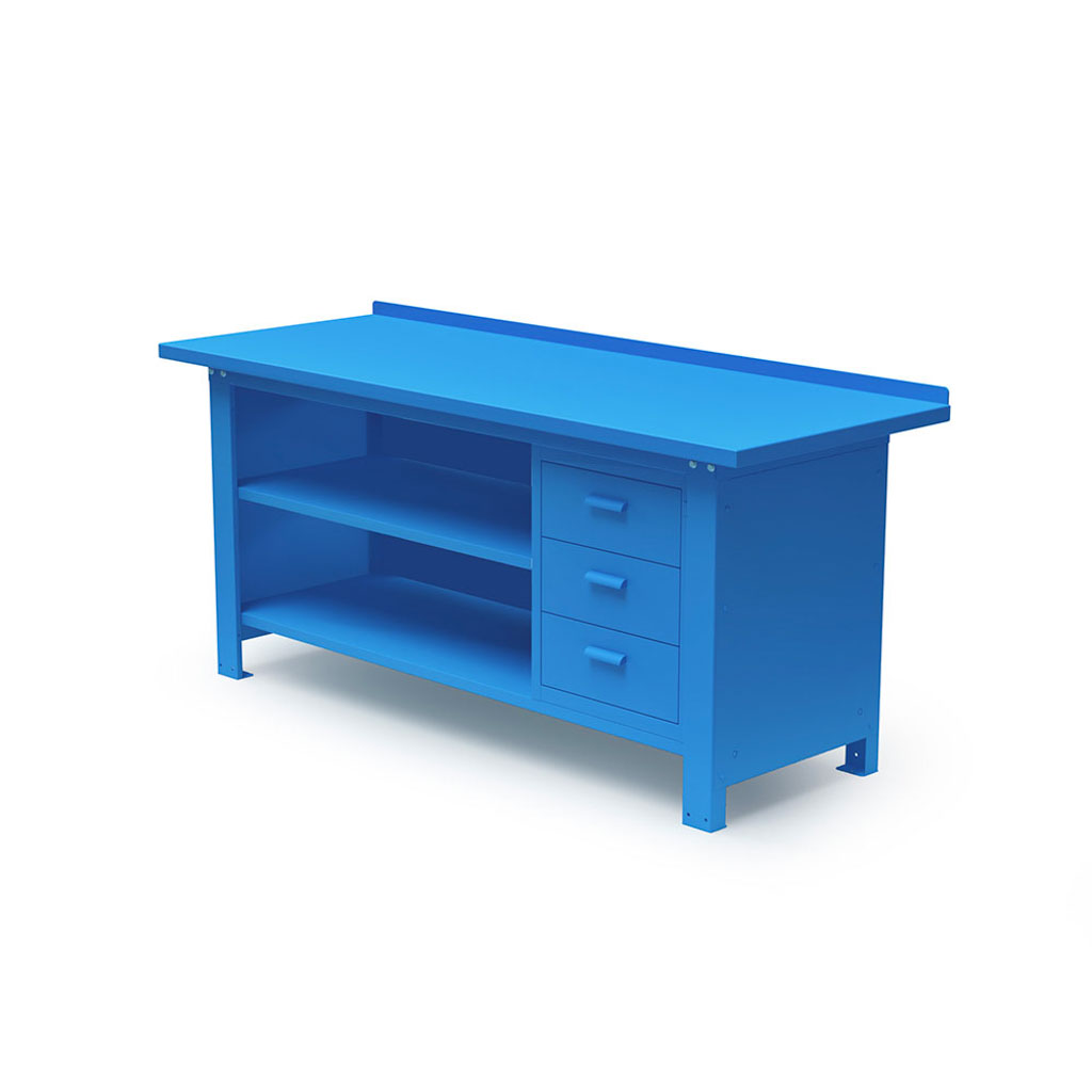 TECNOTELAI BANCADAS DE TRABALHO COM TAMPO EM METAL COM PRATELEIRAS