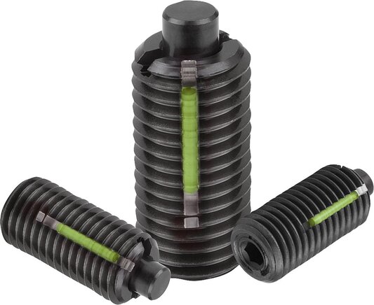 Federnde Druckstücke mit Innensechskant und Druckstift abgeflacht, Stahl, mit Gewindesicherung