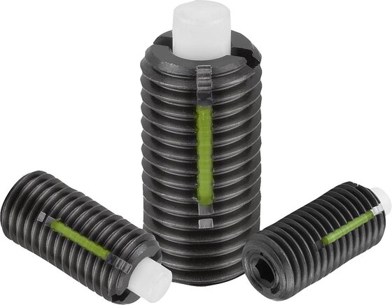 Federnde Druckstücke mit Innensechskant und Druckstift aus POM abgeflacht, Stahl, mit Gewindesicherung