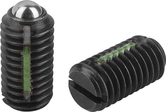 Federnde Druckstücke mit Schlitz und Kugel, Standard Federkraft, mit Gewindesicherung