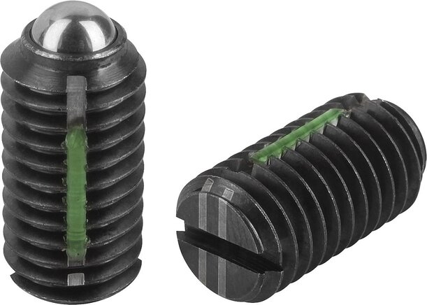 Federnde Druckstücke mit Schlitz und Kugel, verstärkte Federkraft, mit Gewindesicherung