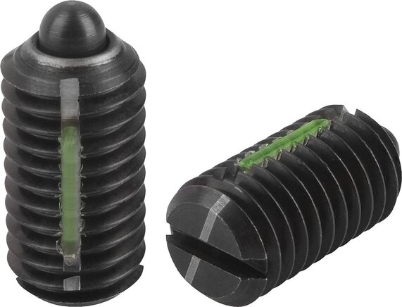 Federnde Druckstücke mit Schlitz und Druckstift, leichte Federkraft, mit Gewindesicherung