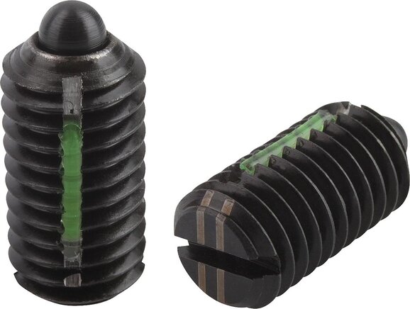 Federnde Druckstücke mit Schlitz und Druckstift, verstärkte Federkraft, mit Gewindesicherung