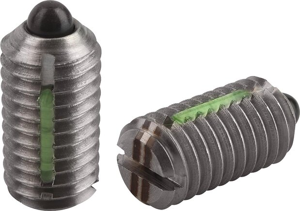 Federnde Druckstücke mit Schlitz und Druckstift, verstärkte Federkraft, mit Gewindesicherung