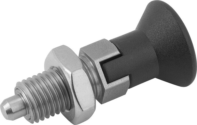 Arretierbolzen Stahl oder Edelstahl, Form D, mit Rastnut, mit Kontermutter