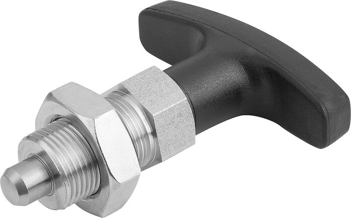 Arretierbolzen mit T-Griff ohne Rastnut, mit Kontermutter, Form B