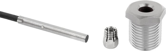 Positionierbuchsen Stahl oder Edelstahl mit Zustandssensor, Form B, mit Gewinde und Bund