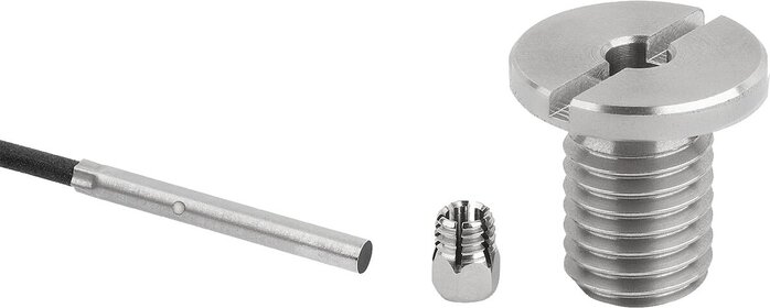 Aufnahmebuchsen Edelstahl mit Zustandssensor, Form B, mit Gewinde und Bund