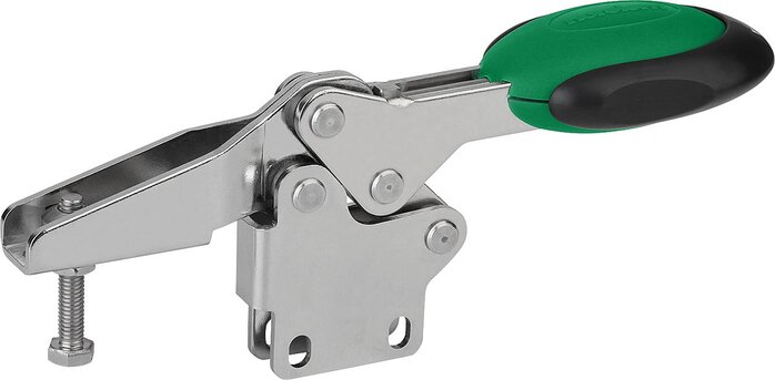 Schnellspanner horizontal mit Sicherheitsverriegelung mit senkrechtem Fuß und verstellbarer Andruckspindel, Edelstahl