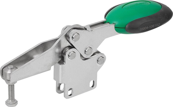 Schnellspanner horizontal mit Sicherheitsverriegelung mit senkrechtem Fuß und verstellbarer Andruckspindel, Edelstahl