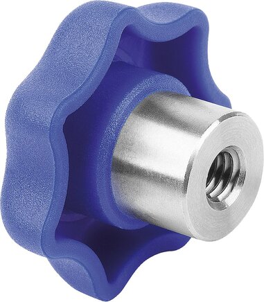 Sterngriffe Kunststoff visuell-detektierbar mit vorstehender Stahlbuchse, Form K, mit Gewindebuchse