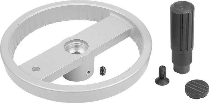 Scheibenhandräder Aluminium mit Zylindergriff drehbar, Form B, mit Passbohrung, Passfedernut und Querbohrung