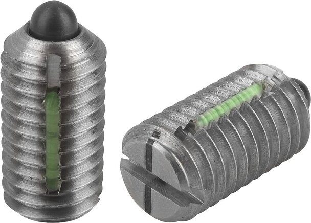 Federnde Druckstücke mit Schlitz und Druckstift, leichte Federkraft, mit Gewindesicherung, inch