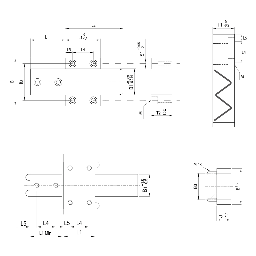 Guia prismática com centramento lateral
