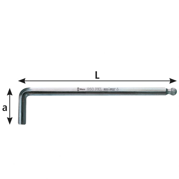 WERA CHAVE EM L SEXTAVADA LONGA COM PONTA ESFERICA, AÇO CROMADO