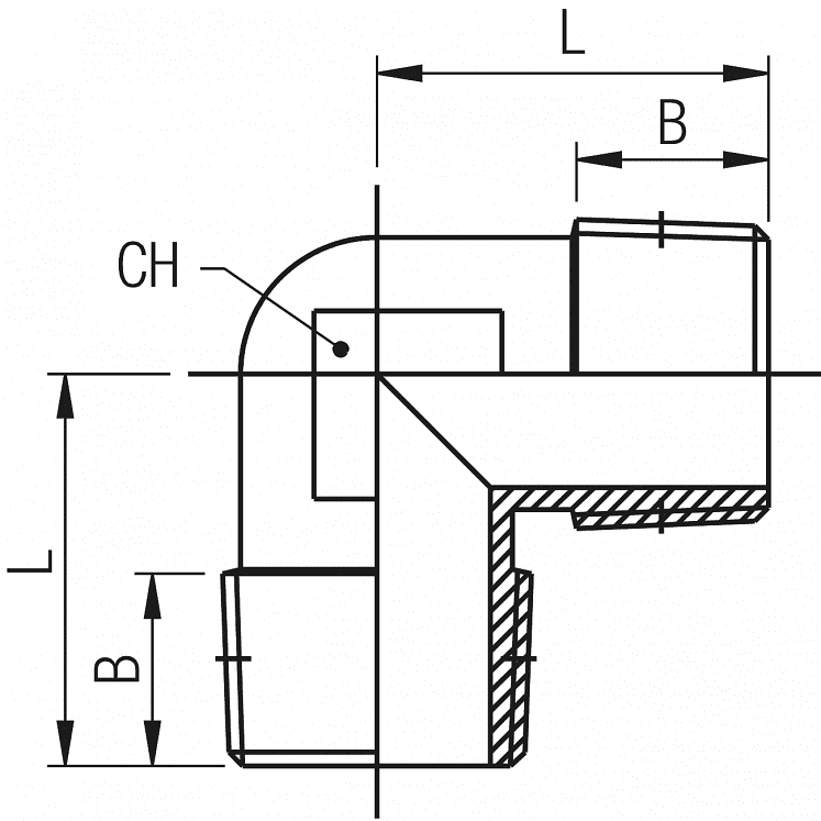 RACORES EN L FÊMEA-FÊMEA COM ROSCADO CILÍNDRICO