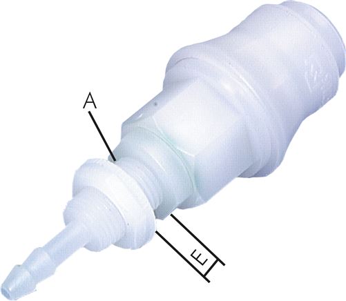 Soquetes de acoplamento, POM - PVDF com conexão de mangueira e rosca de antepara, NW 5