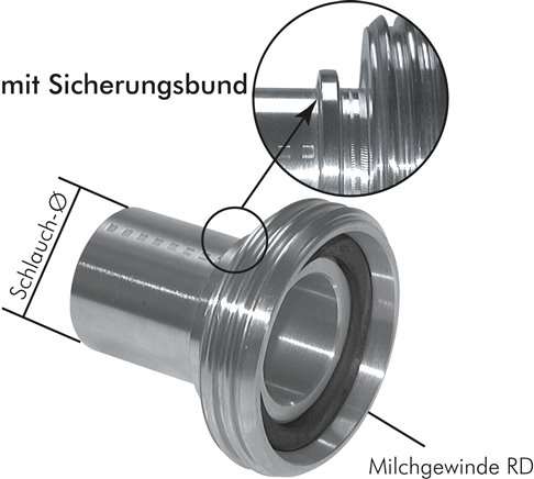 Conexão roscada da mangueira (rosca diária) com colar de segurança, DIN 11851