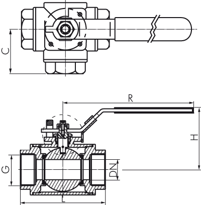 Válvulas esfera de aço inoxidável de 3 vias, até 63 bar