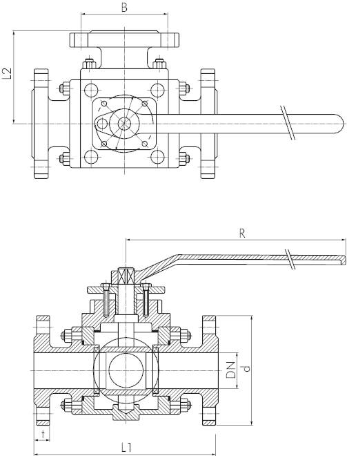 Válvulas esfera flangeadas de aço inoxidável de 3 vias, furo completo, PN 16
