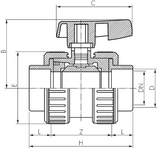 Válvulas esfera com colar de solda, versão industrial PP-H, PN 10